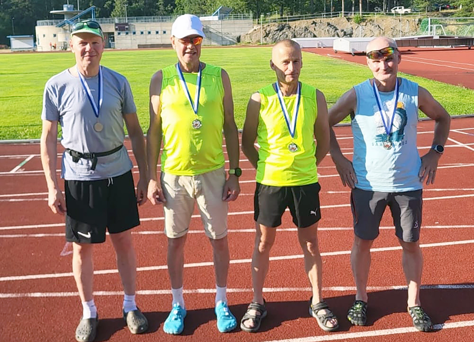 Juuan Jänteen aikuisurheilijat Eino Hyttinen (vas.), Heikki Halonen, Pentti Eronen ja Ilkka Pekkarinen niittivät menestystä kesän SM-kilpailuissa.