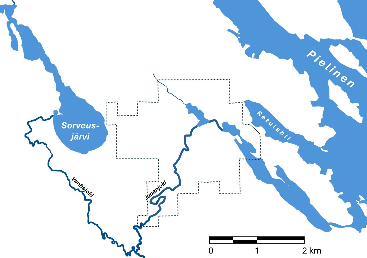 Juuan kirkonkylän alueen vesistöt ennen vuoden 1806 Sorveusjärven purkausta. Nykyinen taajama-alue on merkitty karttaan katkoviivalla.