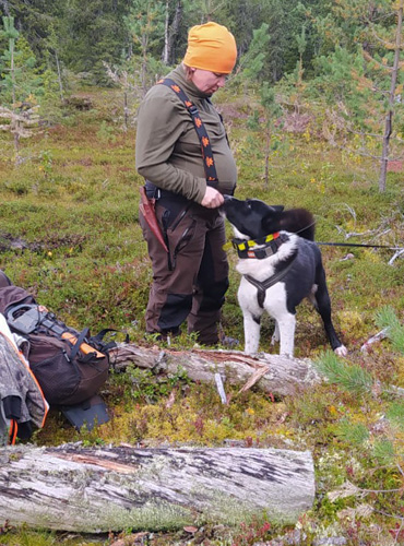 Syyskuussa karhujahdissa Savukoskella Katja Kahilalla oli vielä ihmisen alku mahassaan. Kuvassa myös viisivuotias karjalankarhukoira Bosse, joka hukkui marraskuun lopulla Evolla.