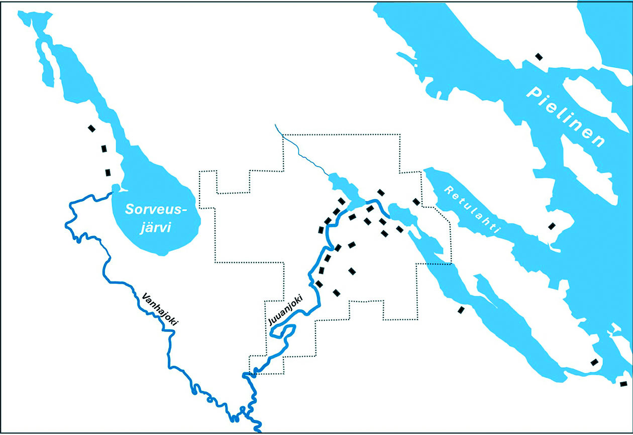 Veijo Saloheimon tutkimusten perusteella piirretty kartta Juuan kylän talojen sijainnista 1600-luvulla.
Nykyisen taajaman rajat on piirretty katkoviivalla.