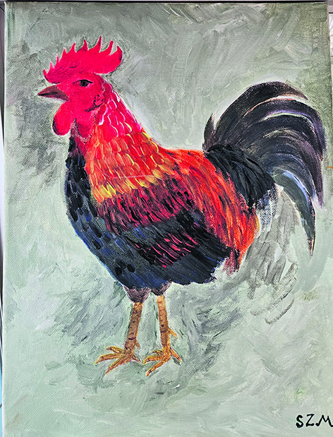 Suzi Zainin hehkuva Kukko, akryyli, 2026.

