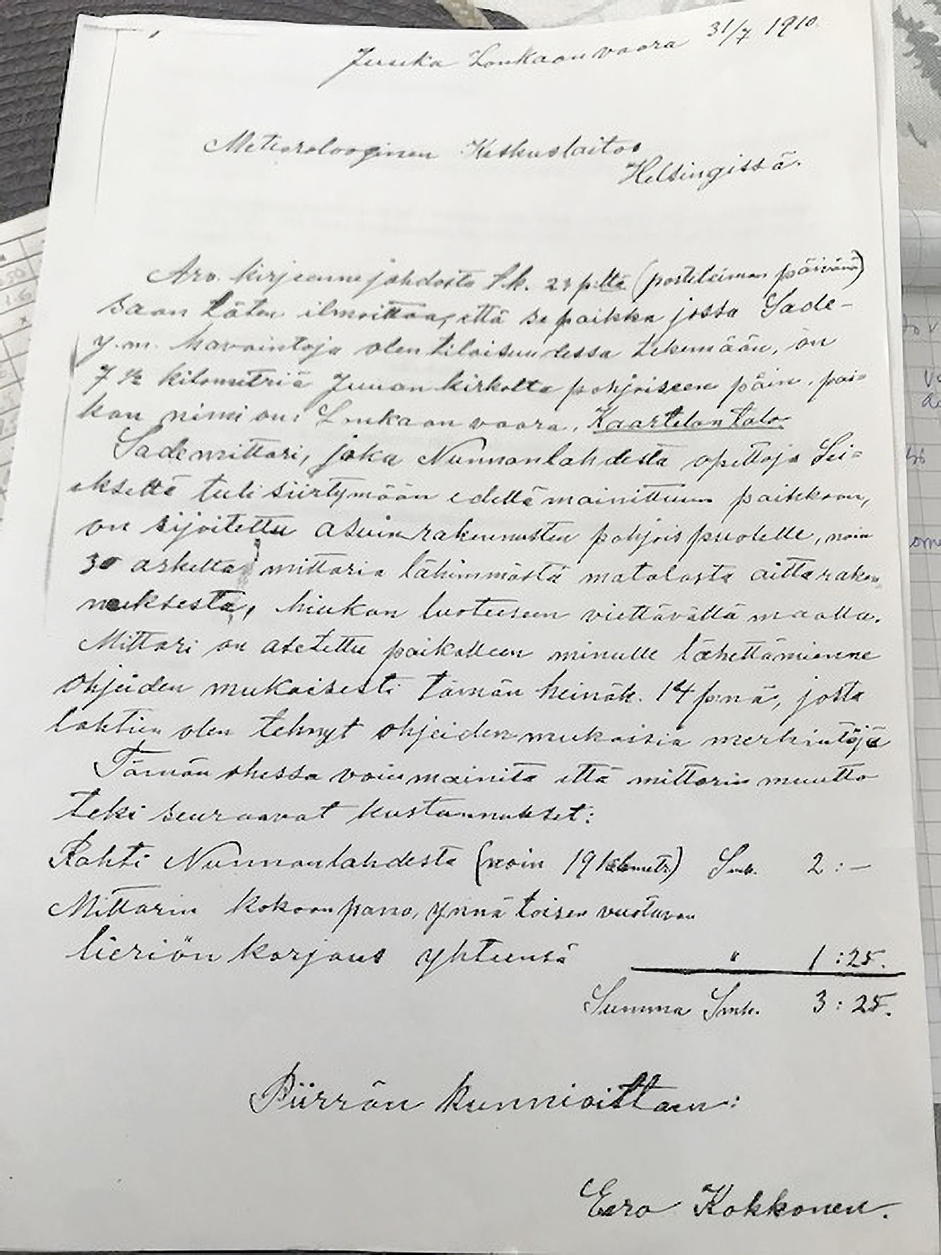 Piirrän kunnioittaen Eero Kokkonen” (31.7.1910)