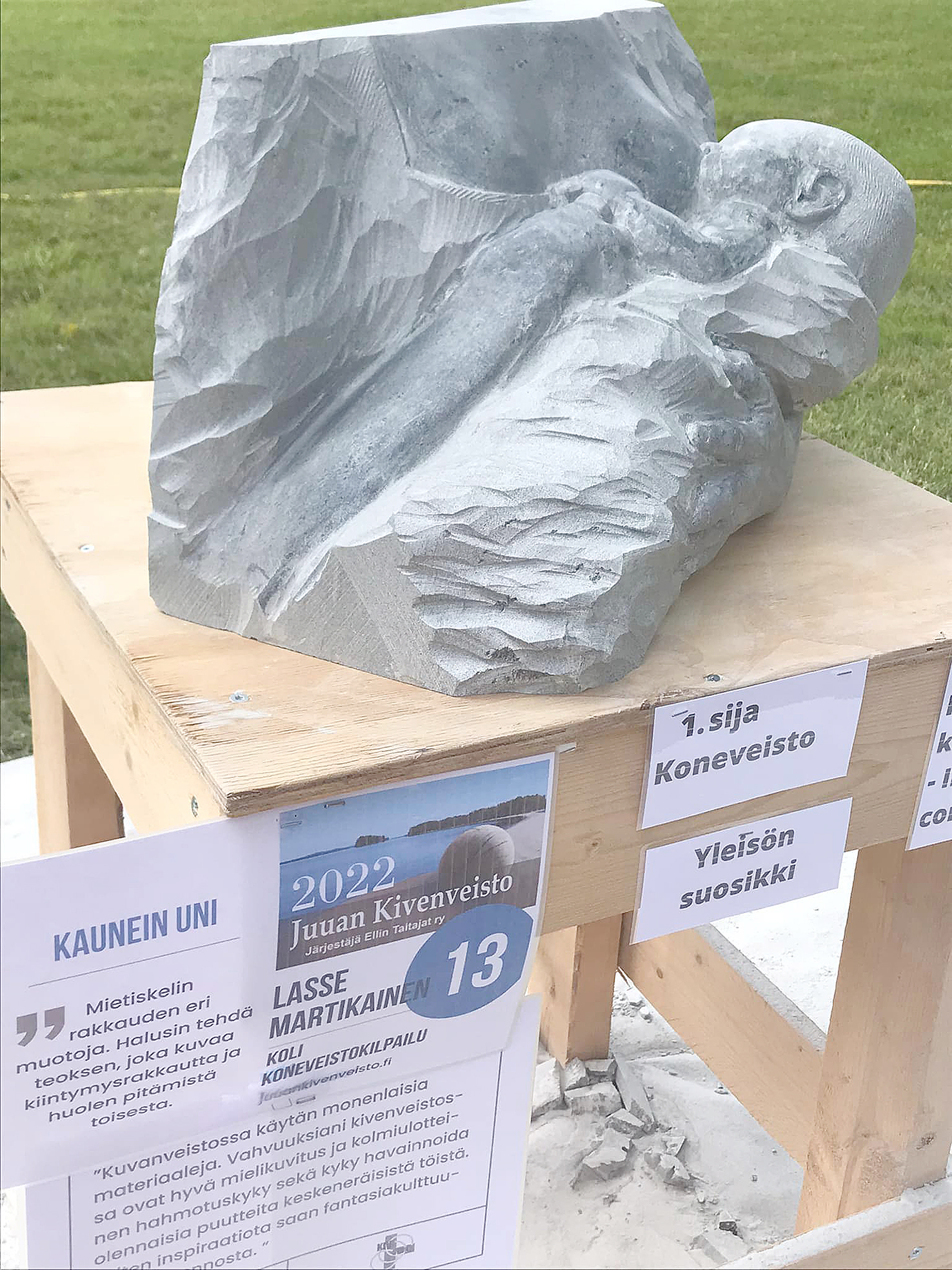 Koneveiston voitti kolilainen Lasse Martikainen veistoksellaan Kaunein uni. Tuomariston perustelut ”Taidokas, puhutteleva, aihe, kaunein pinta, maalauksellinen.” Martikainen vei myös kansainvälisen kilpailun voiton. ja hänen työnsä oli myös yleisön suosikki.