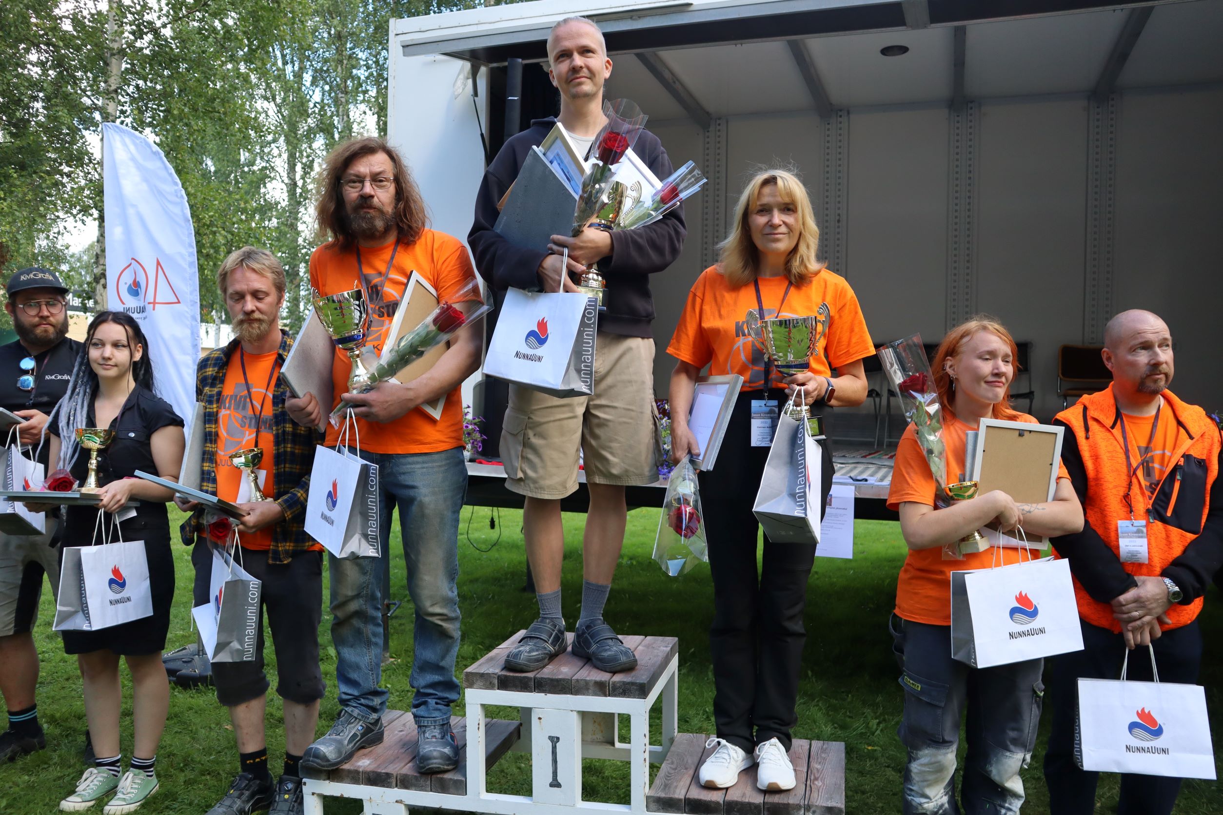 Kansainvälisen kilpailun palkintojen jako 1. Lasse Martikainen 2. Jukka Nykänen 3. Carmen Bahlo kuvassa kaikki kilpailiijat.